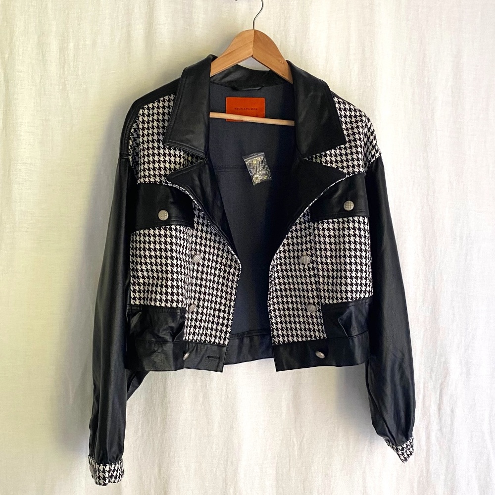 NWOT Signature 8 Houndstooth Faux Leather Jacket W's M Cropped Biker Preppy